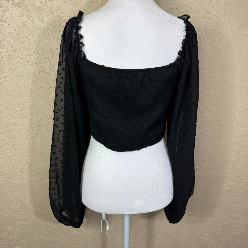 Women's Cropped Baby Doll Whimsigoth Top Black Size S Sheer Dot Balloon Sleeves - Picture 4 of 12